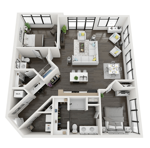 this is a 3d floor plan of a 888 square foot 1 bedroom apartment at the